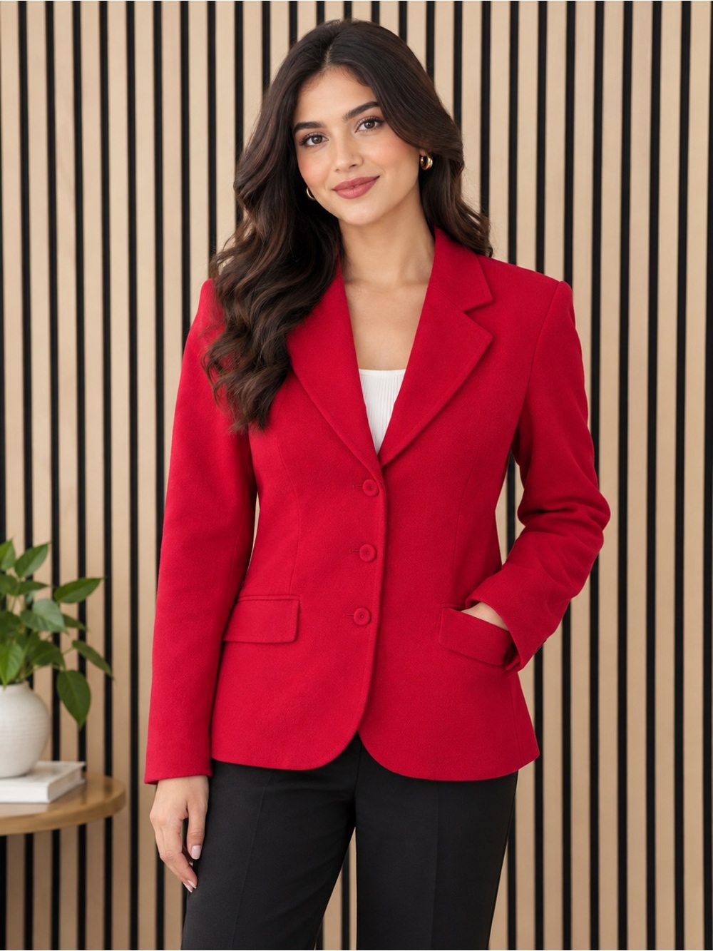 Tailored Wool Red Women's Blazer Jacket - Classic Notch Lapel